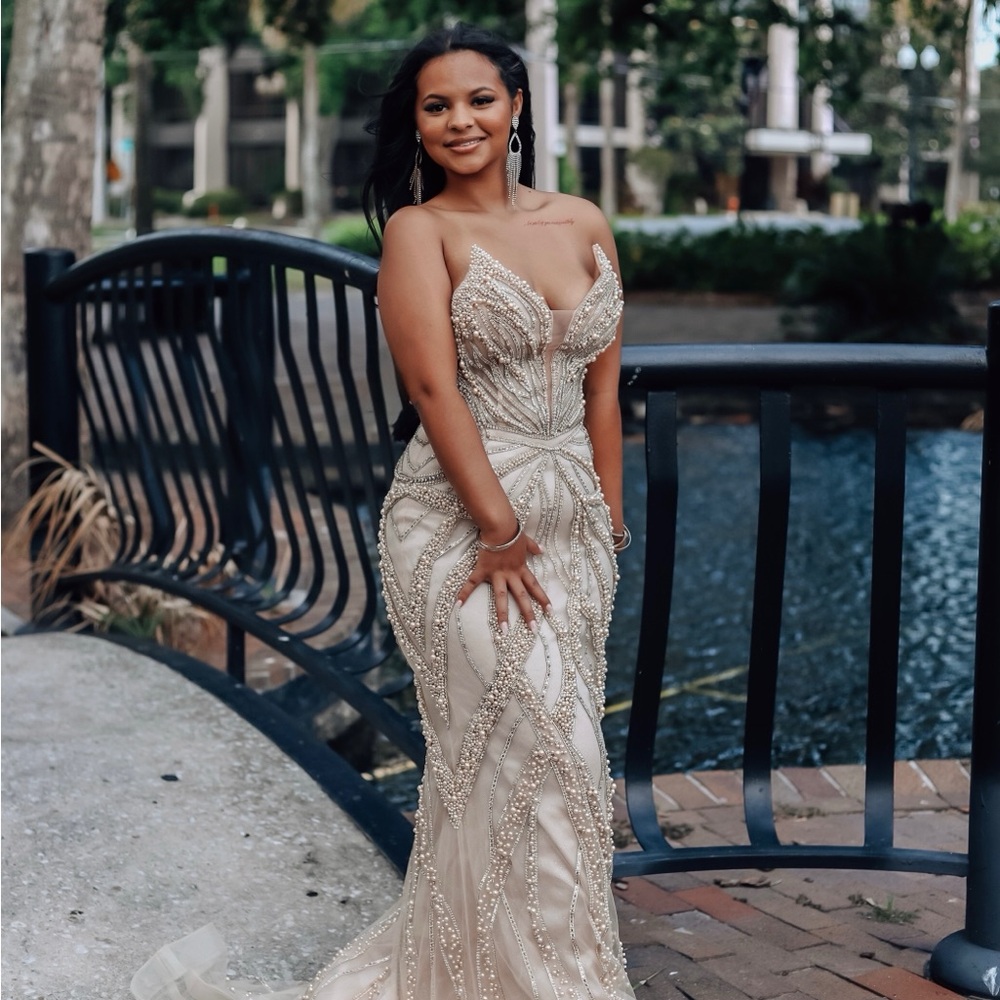 Tan Embellished Sweetheart Prom Gown